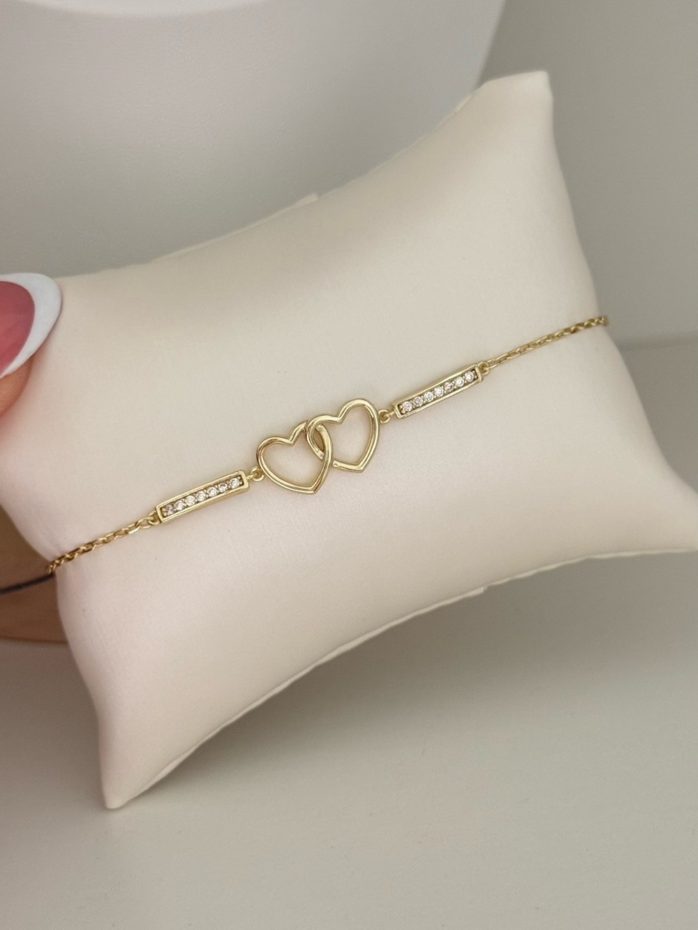 Dainty Double Heart Gold Bracelet with CZ Bars